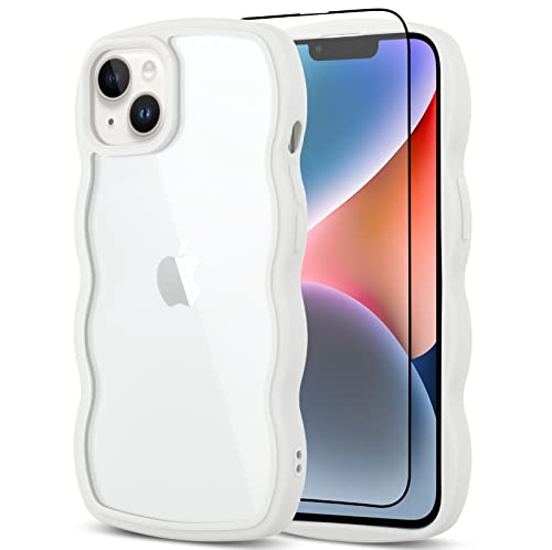 Tjkings With Screen Protector Cute Curly Wave Frame Shockproof Soft Tpu Iphone 14 Shockproof Case For Women Girls-White #TOP13