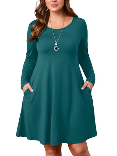 Image of AusLook Women's Plus Midi Dress Long Sleeve Crew Neck A-Line Swing Flowy Vacation Fall Wedding Guest Dresses with Pocket 1-5X