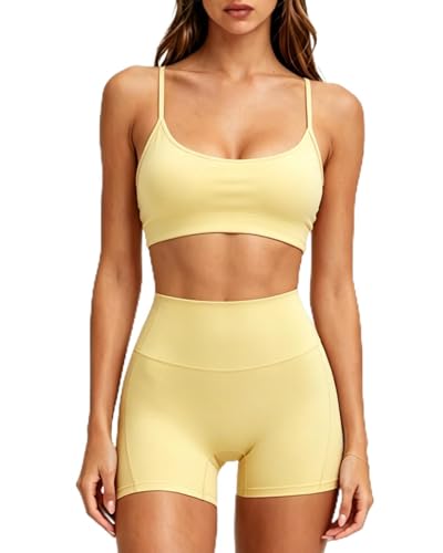 SUUKSESS Workout Sets for Women Y Back Sports Top Padded Racerback Yoga Crop Tank High Waisted Bike Short with Pockets (Pale Yellow, XL)
