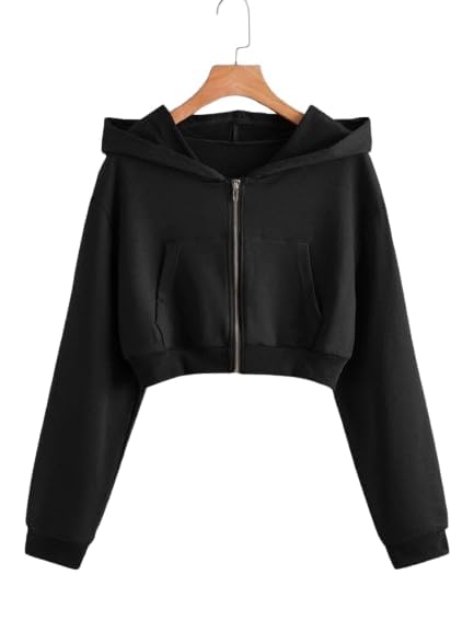 Image of Solid Long Hooded Neck Hoodie Zipper Crop Jacket for Women's