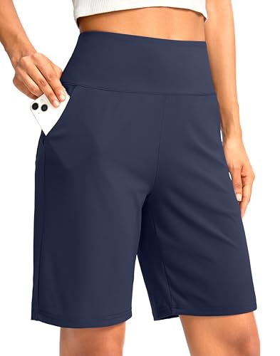 G Gradual Women'S Bermuda Long Shorts With Pockets 9' High Waisted Knee Length Shorts For Women Walking Athletic Workout(Navy,M)