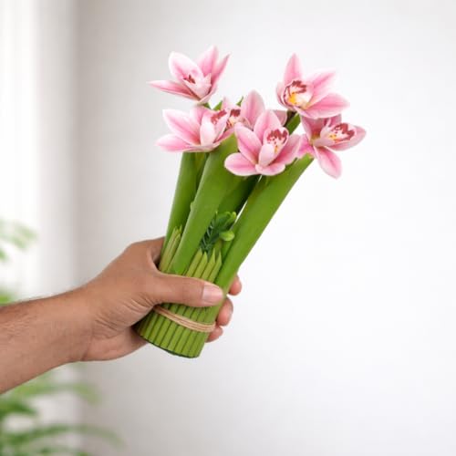 Image of CraftVatika White Pink Orchid Artificial Flower Bouquet Decor, Realistic Orchid Flowers Bouquet Gift for Girls Faux Flowers for Table, Home Living Room Desk Decor, Wedding Anniversary Birthday Gift