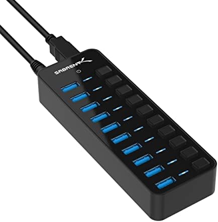 SABRENT 10 Port 60W USB 3.0 Hub with Individual Power Switches and LEDs Includes 60W 12V/5A Power Adapter (HB-BU10)