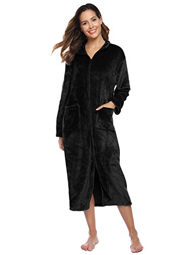 Robes for Women Soft Plush Lounge Coat Warm Zip Up Bathrobe Winter Pajama Black XL