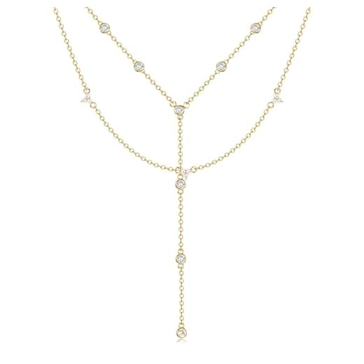 Dochais Colar em camadas de ouro delicado para mulheres, colar e corrente em Y banhado a ouro 14K, colares longos delicados, gargantilha moderna de zircônia cúbica, sol, coração, colar com pingente de