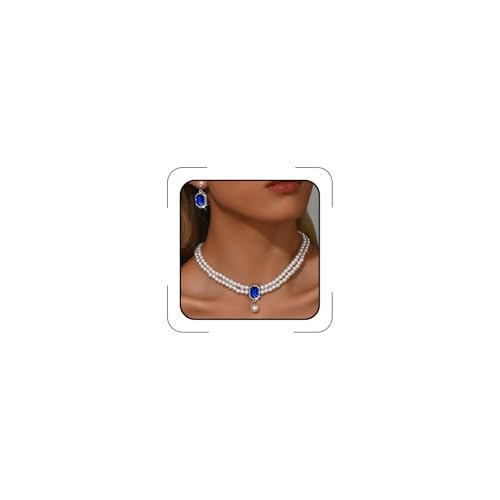 Meztole Pearl Necklace and Earring Prom Jewelry Set for Women,Fake Pearls Necklace White Pearl Rhinestone Choker Blue Jewelry for Prom Wedding Birthday Bridal Bridesmaid Costume Accessories