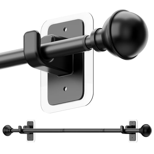 ENJOYBASICS No Drill Curtain Rods for Window 28 to 48 Inches, 5/8 Inch Diameter Renter Friendly Drapery Rod with Adhesive Brackets without Drilling, Adjustable from 27 to 52 Inches, Black