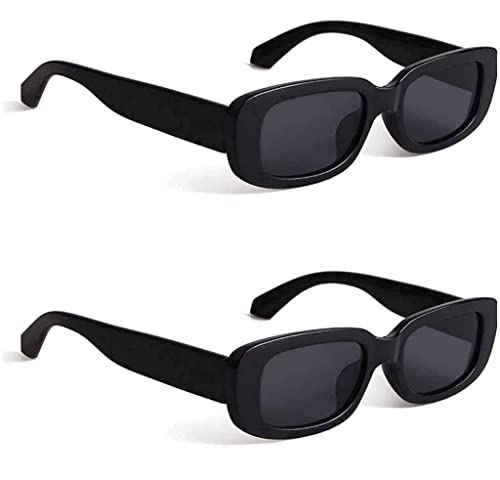 Image of Retro Rectangle Sunglasses for Women & Men | UV400 Protection | Trendy Thick Frame Fashion Eyewear | Lightweight Casual Shades | Black & White Combo Pack