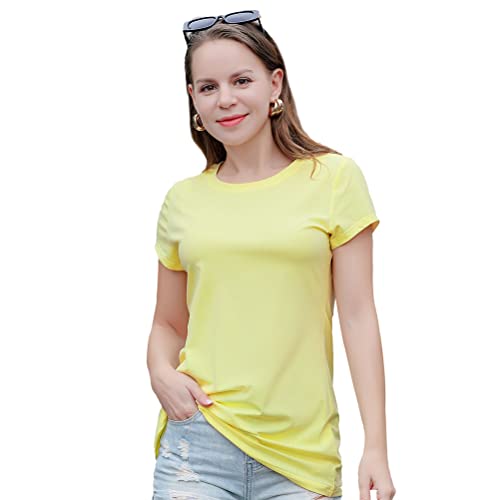 Basic Simple Round Neck T-Shirt for Women, Short Sleeve Under Shirt Ladies Tshirt, Soft Cotton Tee Tops Undershirt, Plain Yellow Medium