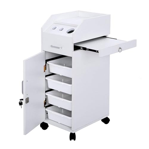 Pvillez Salon Stations for Hair Stylist, Salon Cart with Wheels, Salon Trolley Cart with 2 Drawers, 3 Hair Dryer Holders,1 Lockable Cabinet & Silde Tray, Rolling Salon Cart for Barber Station, White
