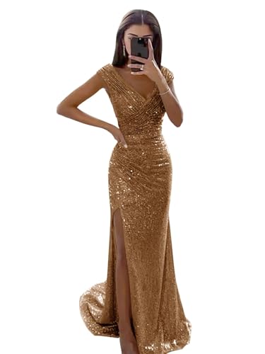 LORIE V Neck Sequin Prom Dresses 2025 Sparkly Long Mermaid Formal Party Evening Gown with Slit