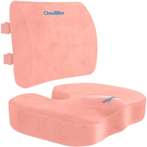 Image of CloudBliss Lumbar Support Pillow & Seat Cushion Set for Office Chair, Desk Chair, Wheelchair & Car - Memory Foam Back Support, Ergonomic Chair Cushions, Sciatica Pain Relief, Home Essentials, Pink