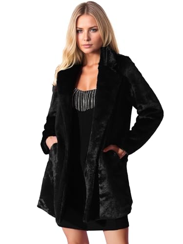Allegra K Women's Faux Fur Coat Lapel Warm Overcoat Winter Open Front Casual Long Fluffy Jackets Medium Black