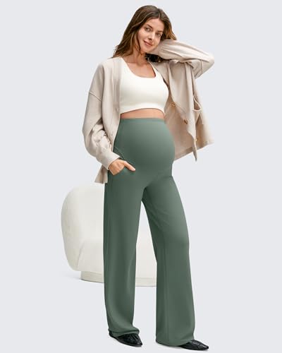 Image of G4Free BareFeel Maternity Pants Over the Belly Pregnancy Trousers for Work | High Waist Coverage,Two Side Pockets,Wide Leg Design,Soft Knit Fabric,for Dress Casual Yoga