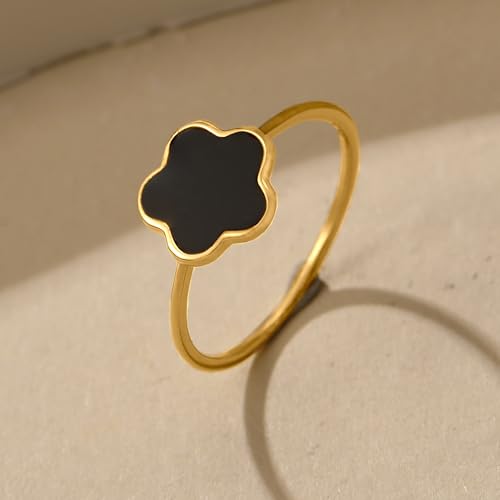 XAYAH Dainty Lucky Leaf Flower Ring for Women 925 Sterling Silver Black Onyx Halo Ring 14K Gold Plating Stackable Ring Creative Ring to Daughter Mom Wedding Season Jewelry Gift for Her Size 6-93
