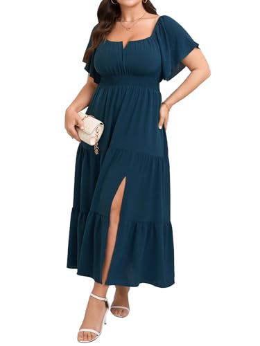 Image of SCOMCHIC Womens Plus Size Maxi Dress Formal Short Sleeve Square Neck Smocked Side Split Flowy A Line Tiered Long Dress