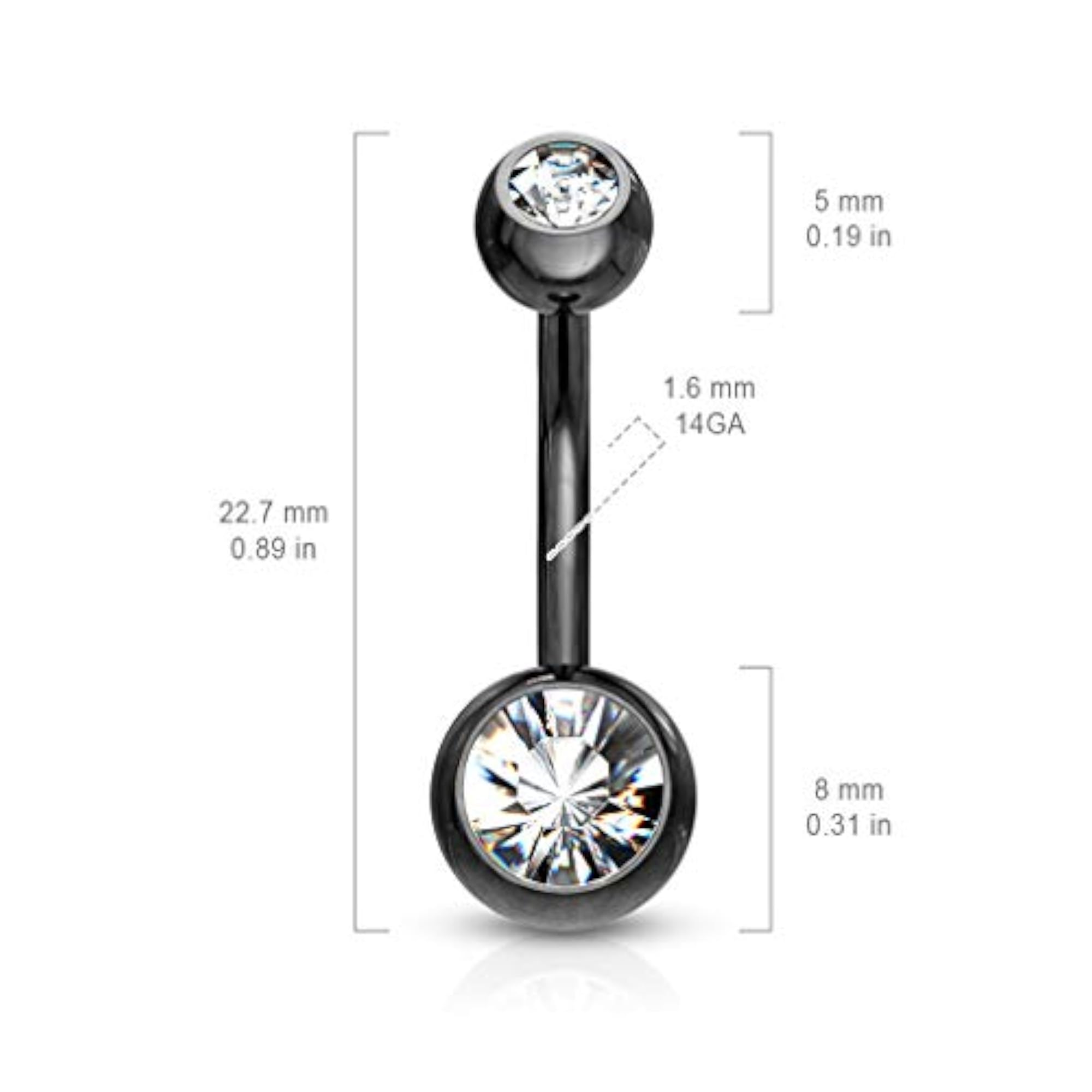 14GA Black Titanium IP 316L Double CZ Barbell Belly Ring