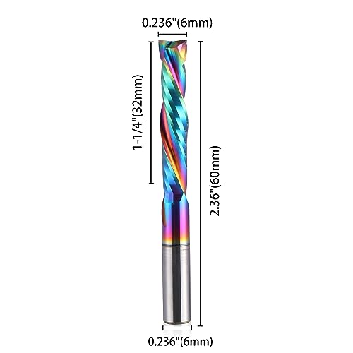 Image of Woodwork Milling Cutter ,DLC Coating ,UP & Down Cut 2 Flutes Spiral Carbide Milling Tool CNC Router Compression Wood End Mill Cutter Bits,6mm Shank ,6mm Cutting Dia ,32mm CEL Pack of 2