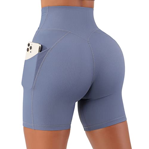 SUUKSESS Women Crossover Workout Shorts with Pockets Ribbed High Waisted Booty Biker Shorts (Blue, S)