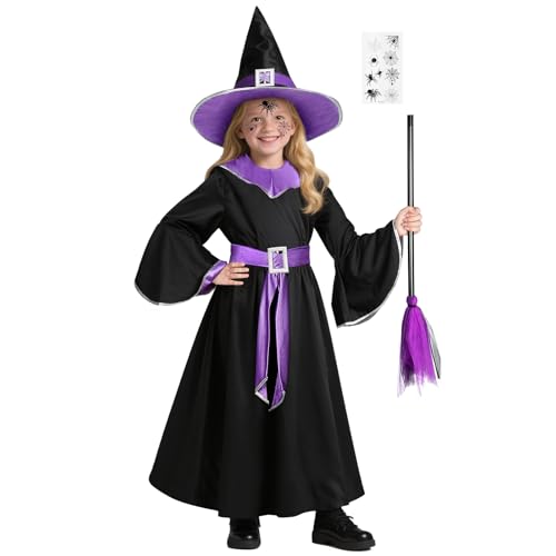 BSBUY Fantasia de bruxa menina roxo, vestido de menina mangas compridas e chapéu de bruxa e vassoura e autocolante de borracha, disfarce mágico para meninas, para o Halloween terror cosplay carnaval