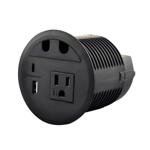 Image of Desktop Power Grommet with 33W USB-A+C Fast Charge & AC Outlet | 4.5FT Cord Recessed Power Outlet for Conference Rooms, Office Tables, Furniture (Black)