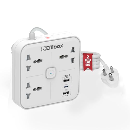 Image of Embox Extension Board 2 Meter Cable | USB Ports 2 QC1 PD (20W) and 3 Universal Sockets | Extension Cord with Overload Protector | 2500W Extension Board with Switches Safety Shutter LED Indicator