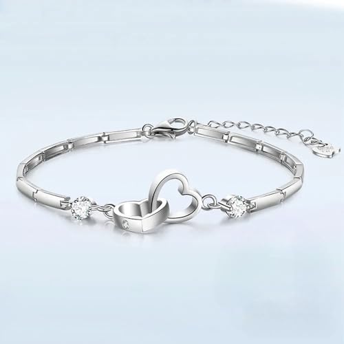 14K Gold Heart Bracelet For Women - 925 Sterling Silver Vintage Heart Pendant Chain Bracelet, Romantic Heart Bangle, Round Heart Lock Bracelet, Zircon Double Heart Bracelet4