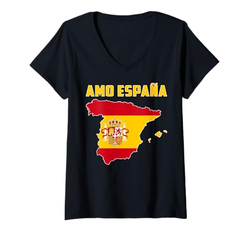 Womens Hello Madrid I Love Spain Map Flag Proud Spanish Dad Mom Boy V-Neck T-Shirt