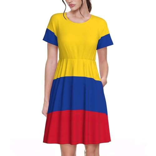 Robe d'été Colombie femme EdWal col rond : robe mi-longue à manches courtes imprimée