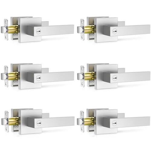 Plustool 6 Pack Brushed Nickel Door Handle Door Knobs Interior Heavy Duty Flat Square Privacy Door Levers Keyless Door Lockset for Bedroom and Bathroom