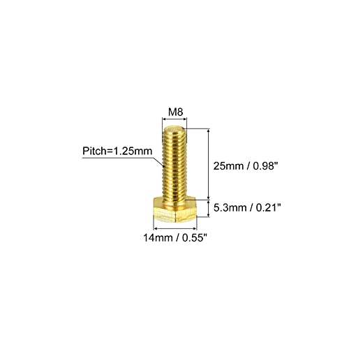 Image of uxcell Brass Hex Bolts, M8x25mm 5pcs Fully Thread Grade 4.8 Solid Brass Hexagon Head Bolt Machine Screws for Machinery