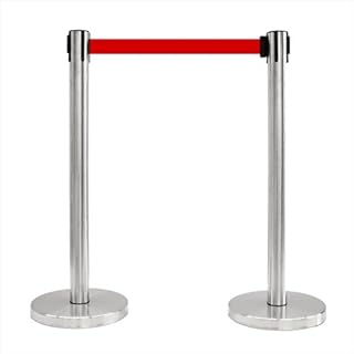14 in. Flat Base Satin Stainless Post & Cover Retractable Belt Stanchion - 6.5 ft. Red Belt