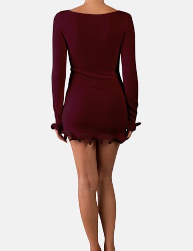 Image of ISZPLUSH Women's Sexy Bodycon Ruffle Hem Knit Dress Crew Neck Long Sleeve Slim Club Party Mini Dress