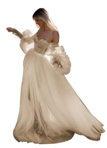 Strapless Tulle Prom Dresses Long Formal Evening Gowns with Puffy Sleeves Off Shoulder Wedding Dress