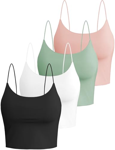 Buauty 4 Packs Crop Tops Spaghetti Strap Tank Tops for Women, Basic cami Crop Tank top Double Lined Camisole Tops, Thin Strap Bralette Tank Tops for Women Black+White+Pink+Green, S-1