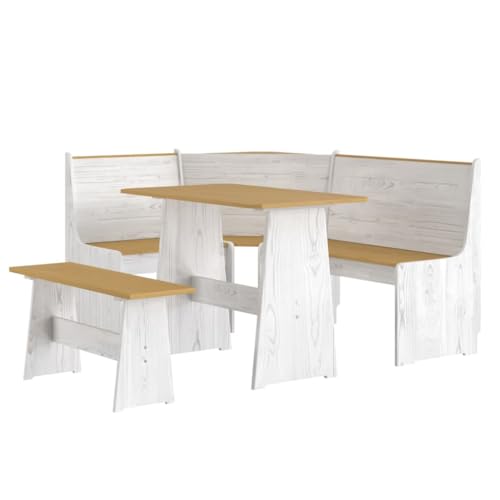 vidaXL 3-Piece Solid Wood Pine Dining Set - Corner Bench, Table & Bench in Honey Brown and White for Kitchen/Dining Room