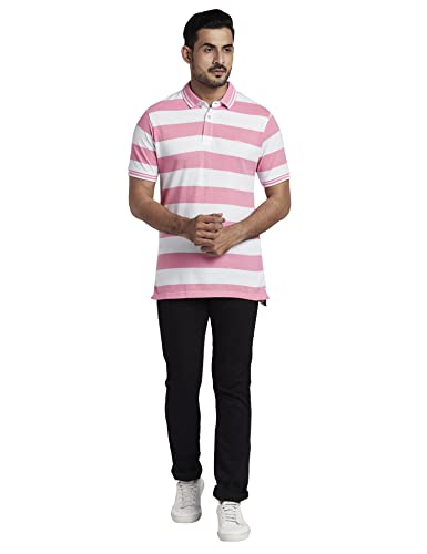 Image of Colorplus Men's Cotton Polyester Blend Stripe Pattern Tailored Fit Polo Neck Half Sleeve Casual T-Shirt