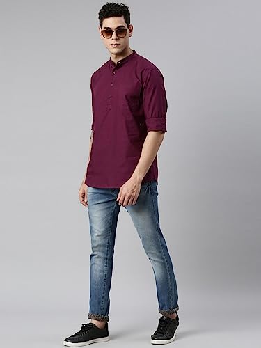 Image of KRYPTIC Men's Full Sleeve Regular Fit Short Kurta in Premium Pure Cotton with Patch Pocket and Mandarin Collar - Perfect Blend of Style and Comfort