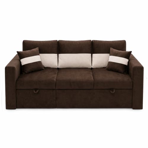 Image of FURNY Soria 4 Seater LHS Lounger Sofa Cum Bed (Dark Brown - Cream) with Pull-Out Function | Luxury Velvet Suede Finish | Durable Comfort | Ideal for Living Room