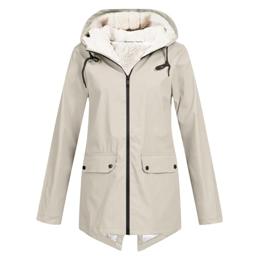 Gefütterte Regenjacke Damen Wasserdicht - Regenmantel Damen Gefüttert Warm Winterjacke mit Teddyfell Kapuze Outdoor Jacke Mantel Dicke Plüsch Wintermantel Wanderjacke...