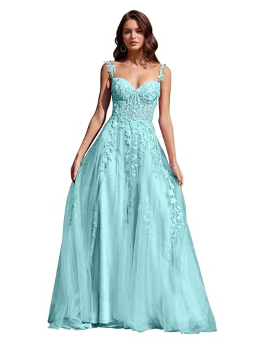 Image of Long Tulle Prom Dresses 2025 V Neck Floral Long Ball Gowns for Women Lace Applique Formal Evening Gowns ACE159