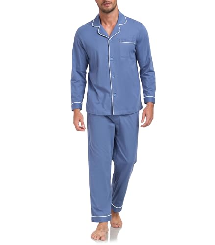EA'S SECRET Mens Cotton Pajamas Set Button Down Pjs Set for Men Long Sleeve Knit Sleepwear Loungewear with Pockets