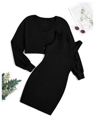 Verdusa Girl's Midi Dress 2 Piece Fall Sets Ribbed Knit Button Up Crop Cardigan and Tank Dress3