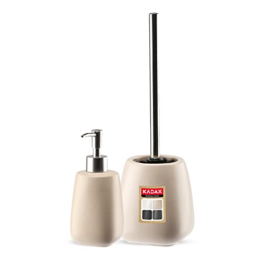 KADAX 2-teiliges Badezimmer Set aus Keramik, Badaccessoires, Badzubehör, Seifenspender, Badezimmerbecher, Seifenschale und WC-Bürste (Bürste&Spender Beige)