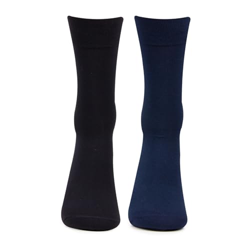 Image of Bonjour Men's Cotton Odour Free Full Length Formal Socks (Navy Blue & Grey, Free size) Pack Of 2