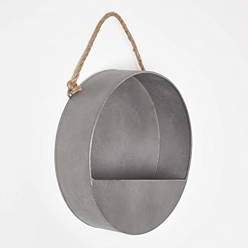 Homescapes 30 cm rundes Pflanzgefäß, für Outdoor- und Zimmerpflanzen, silberner runder Hänge-Blumentopf aus Metall mit Seil zur Wandbefestigung