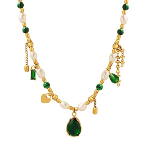 Collier vintage zircone verte et perle dorée pour sublimer vos tenues