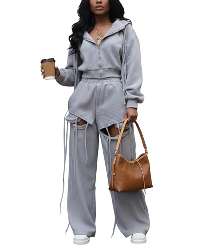 Voghtic Women's Cropped Hoodie Tracksuit: Distressed Fringe Wide Leg Pants