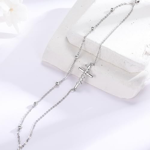 Midir&Etain Faith Cross Bracelet 925 Sterling Silver Gold Rosary Layered Anklet Religious Christian Jewelry Gifts for Women2
