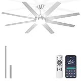 Phylluz 72'' Silver Ceiling Fans with Lights, 8 Blades Large Ceiling Fan Remote/APP Control, Dimmable, Silent Big Ceiling Fan for Indoor/Covered Outdoor